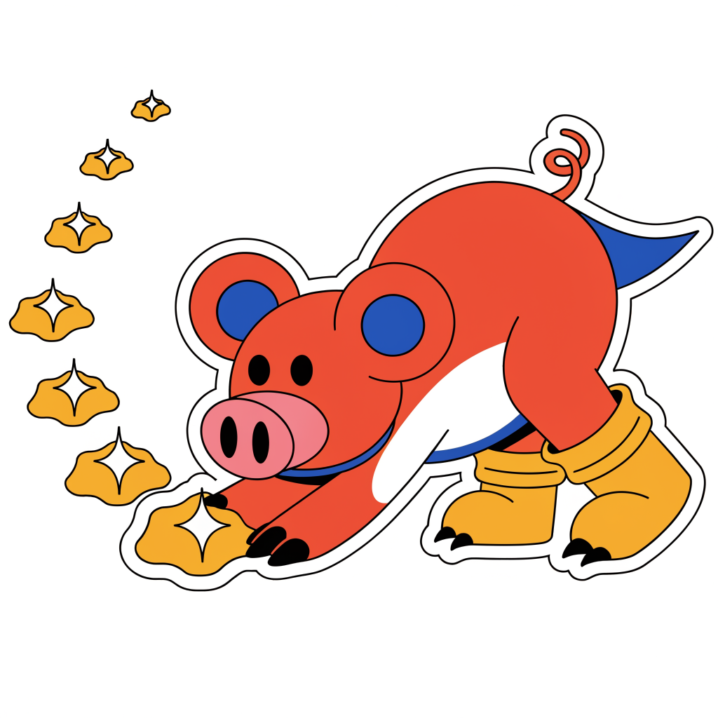 Nugget, le cochon truffier de Nuggts, déterrant des pépites d'or